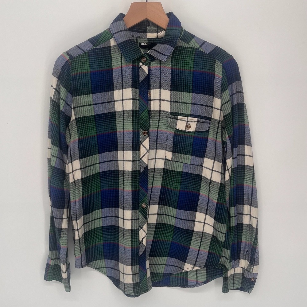 BDG Plaid Flannel Button Down Shirt Womens Medium Green Blue Cotton Long Sleeve